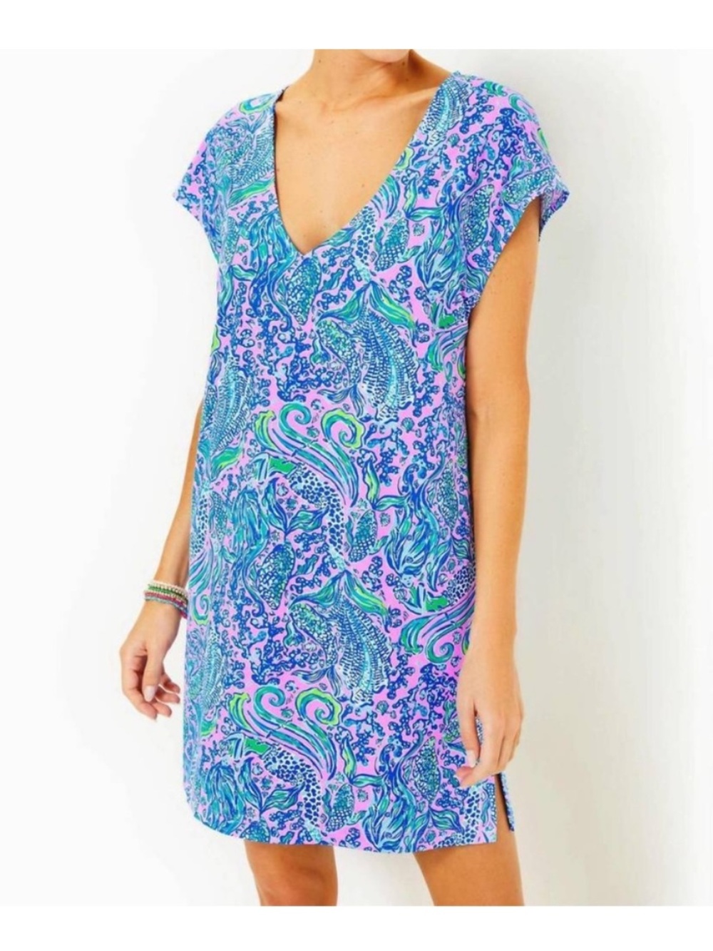 Lilly Pulitzer Vibrant Pink & Blue Printed V-Neck Tunic Swim Cover Up